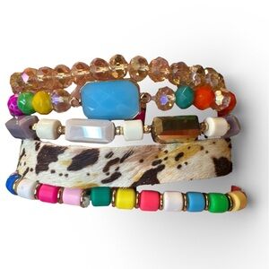 Leather and Colorful Glass Beaded Bracelet Set of 5